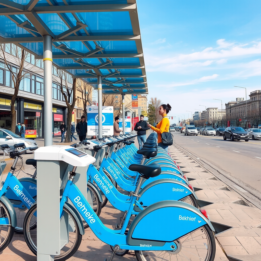 Modern bike-sharing station in downtown Bishkek with rows of blue rental bicycles, urban cityscape background, and people using the sustainable transportation system