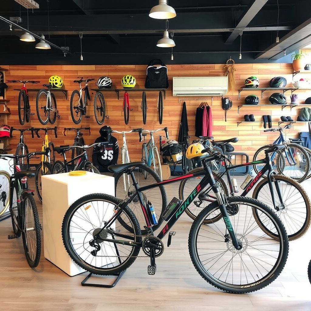 High-quality mountain bikes and road bikes available for rental with safety equipment and helmets displayed in a professional bike shop setting in Kyrgyzstan
