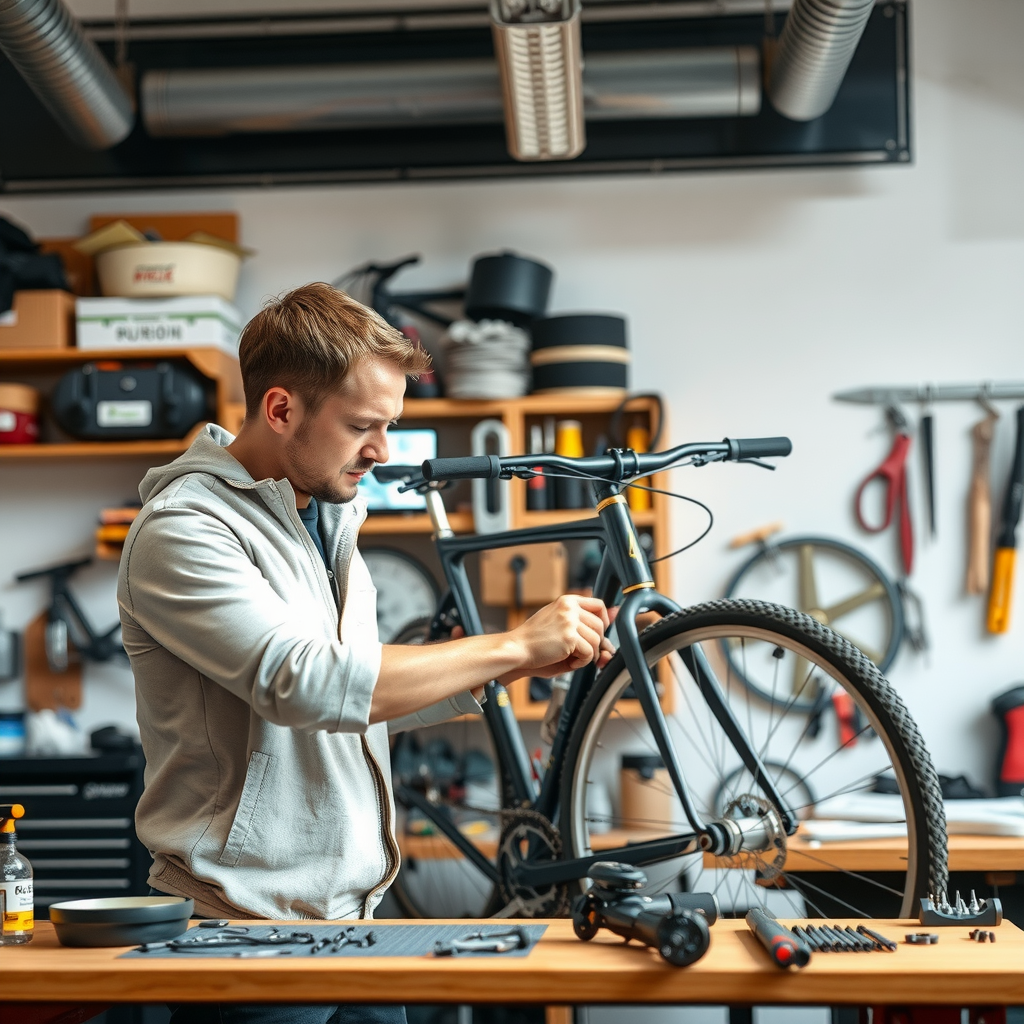 Professional bike mechanic working on bicycle in clean workshop with tools and parts organized on workbench