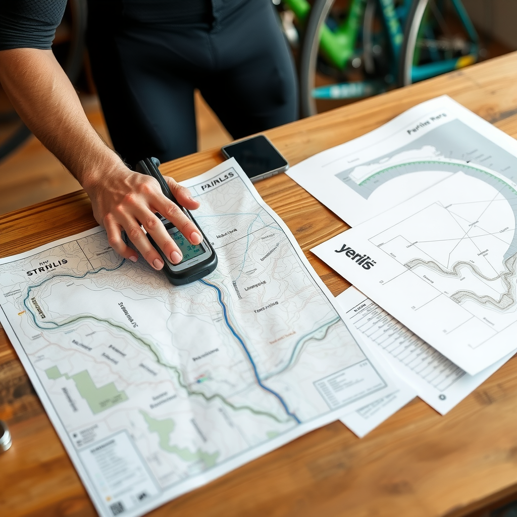 Professional cyclist planning a custom route using detailed topographic maps, GPS device, and elevation profile charts on a wooden table with cycling gear in background