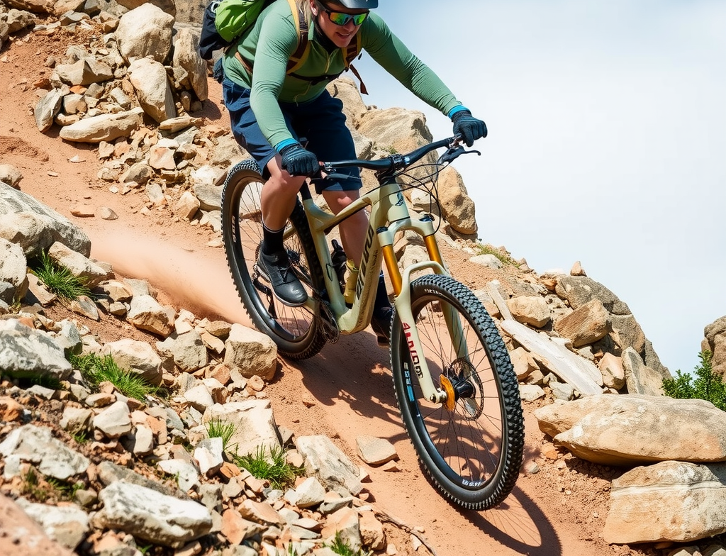 Mountain biker navigating rocky terrain with professional gear and safety equipment