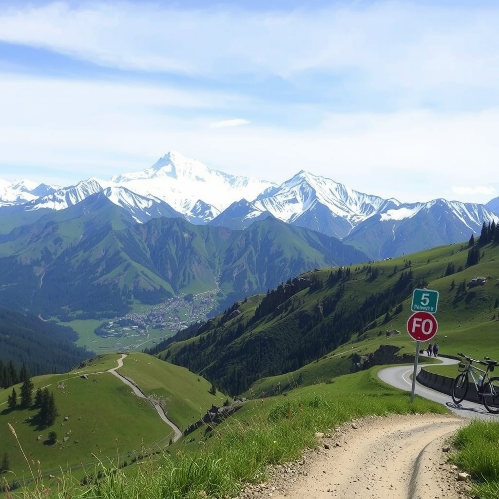 Panoramic view from the cycling trail showing majestic snow-covered mountain peaks of the Tian Shan range, with a winding trail visible in the foreground and lush green valleys below