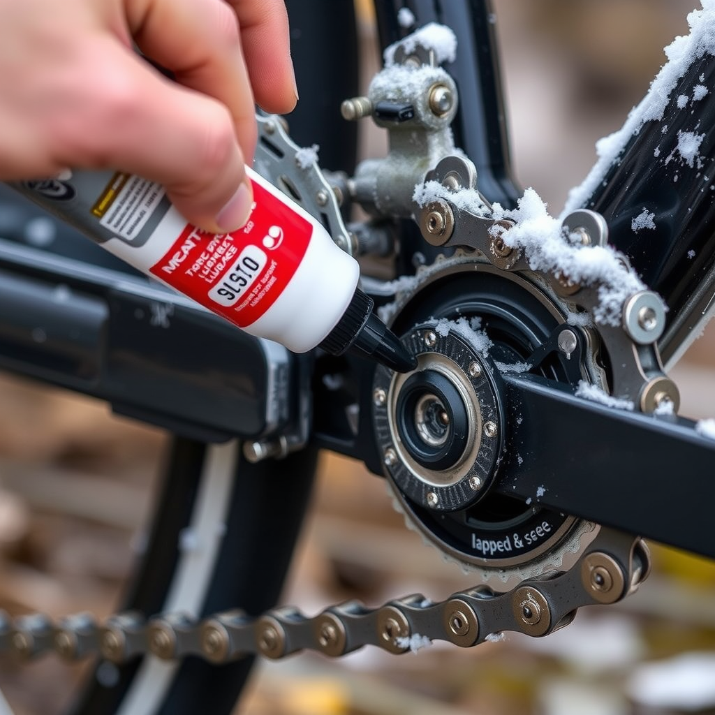 Close-up of bicycle chain being lubricated with winter-specific lubricant, showing proper maintenance technique for cold weather cycling
