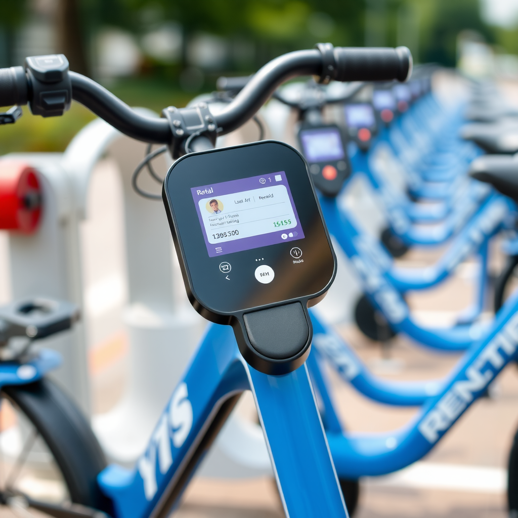 Close-up of modern blue bicycle at docking station with digital display showing rental information