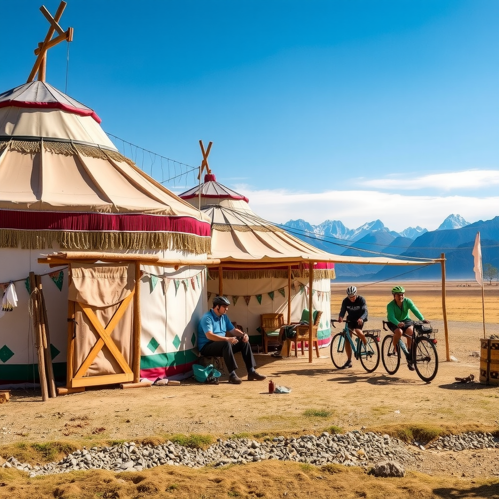 Traditional Kyrgyz yurt camp with cyclists taking a rest break, mountains visible in the distance