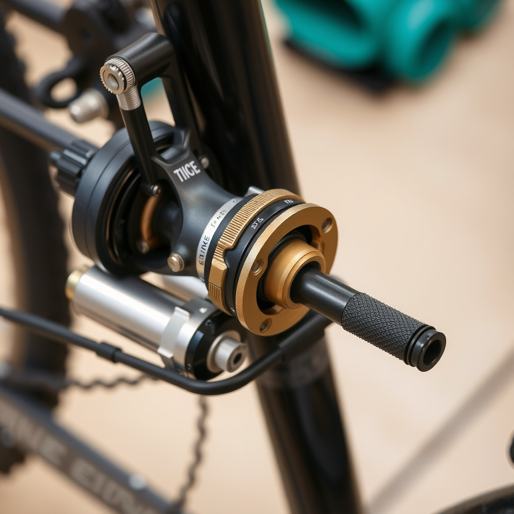 Close-up of bicycle parts and tools showing quality components and professional repair equipment