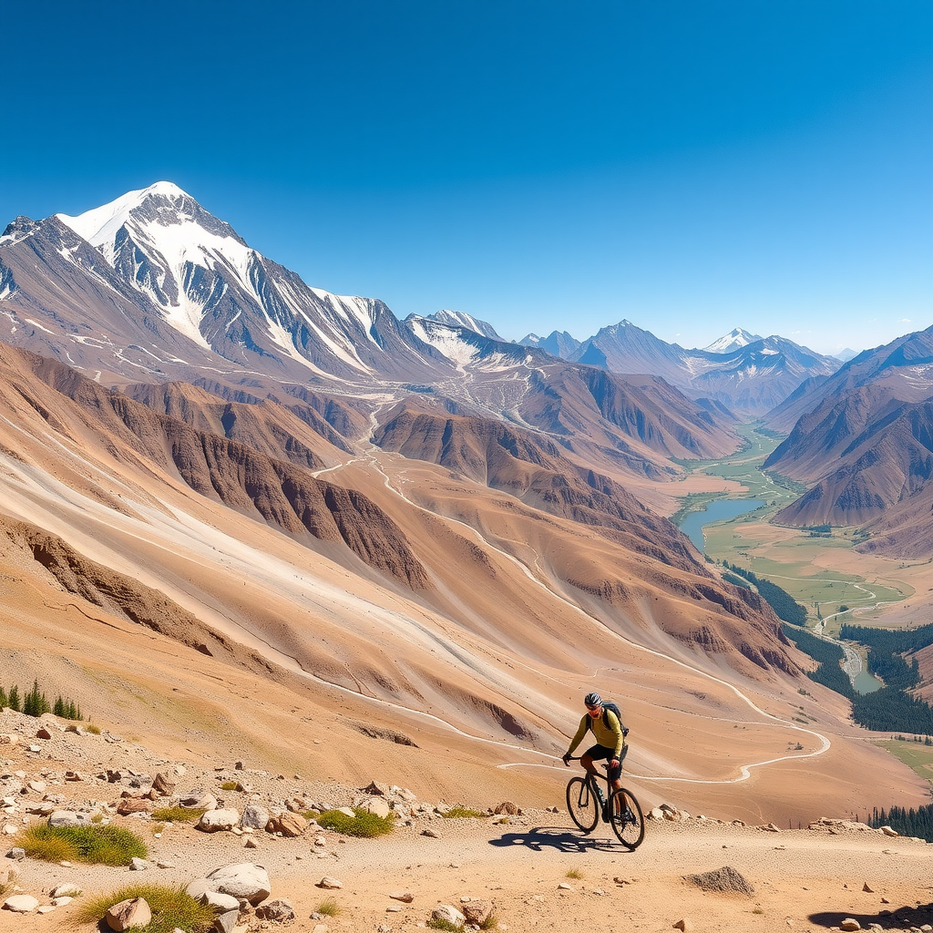 Stunning mountain cycling route in Kyrgyzstan showing elevation changes, scenic mountain peaks, winding paths through valleys, and marked rest stops with beautiful landscape views