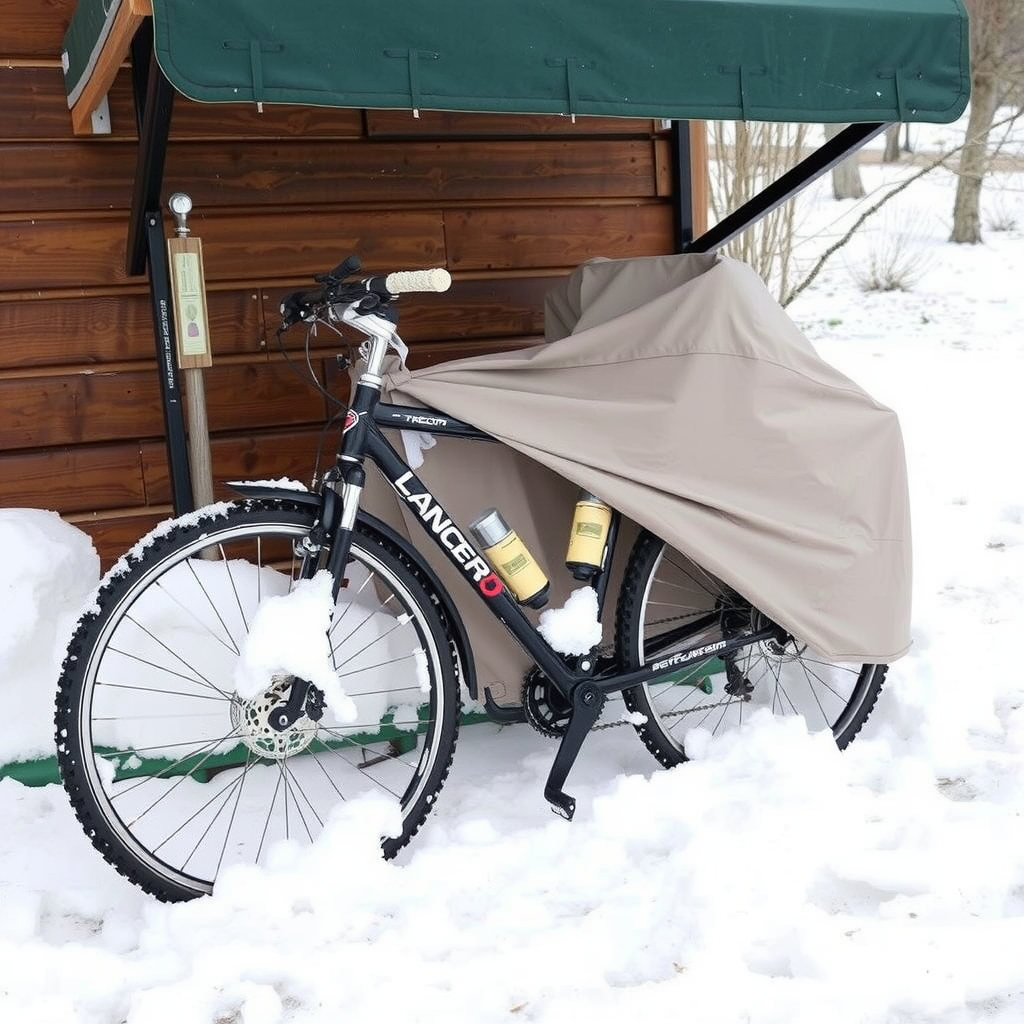Properly stored bicycle in winter conditions with protective cover and elevated position, demonstrating best practices for cold weather storage