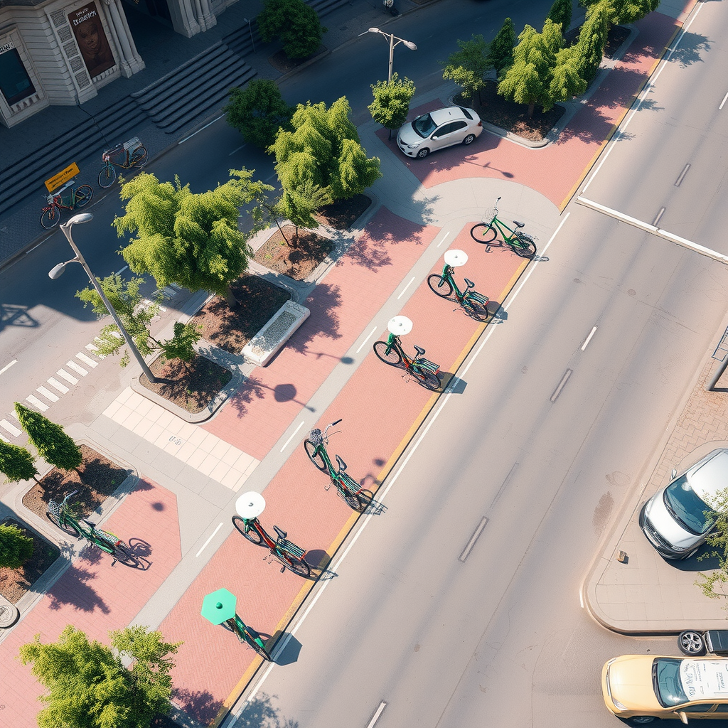 Aerial view of downtown Bishkek showing multiple bike-sharing stations connected by cycling lanes