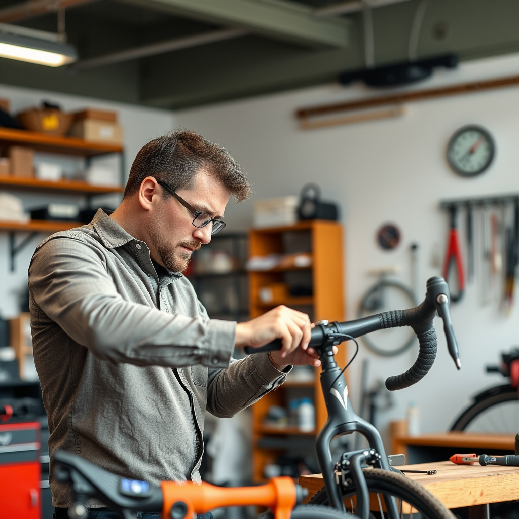 Professional bike mechanic working on bicycle maintenance and repair with specialized tools and quality parts in a clean, well-organized workshop environment