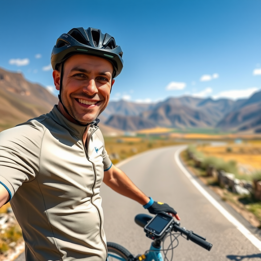 Satisfied cyclist on a beautiful custom-planned route through Kyrgyzstan countryside, following GPS navigation with scenic mountains and valleys in background, showing the perfect execution of personalized route planning