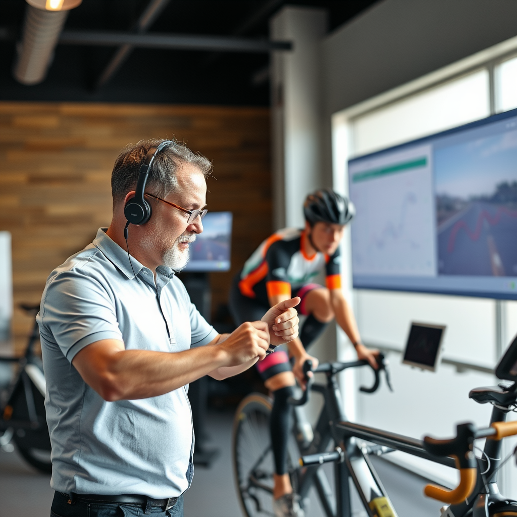 Professional cycling coach analyzing cyclist technique with modern training equipment and performance monitoring tools