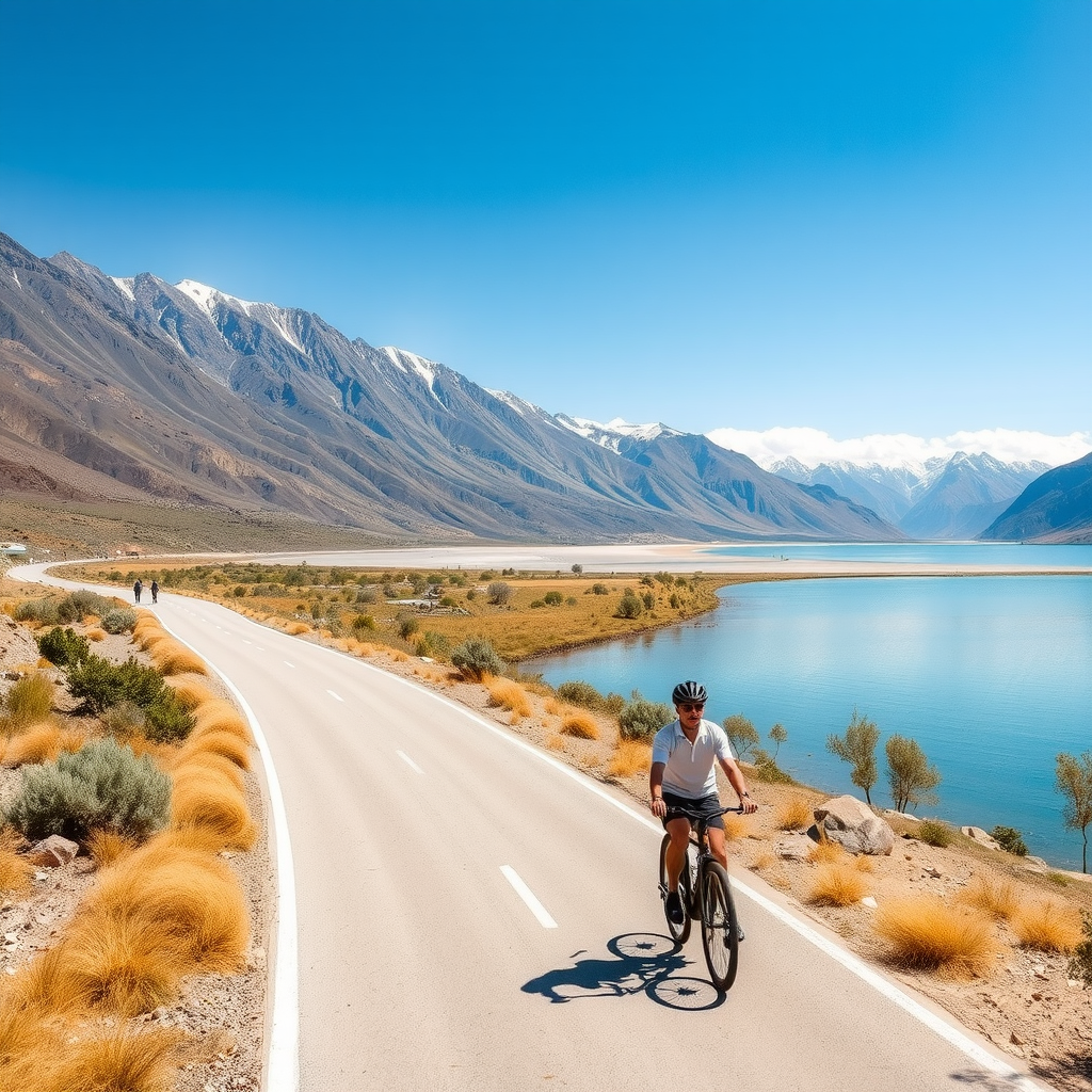 Scenic cycling route around Issyk-Kul Lake with crystal clear water and mountain backdrop