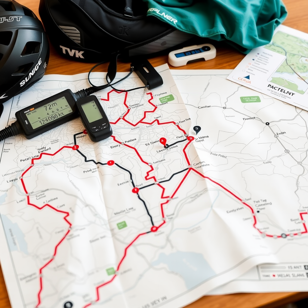 Detailed cycling route map with elevation profiles, points of interest markers, and GPS navigation tools spread on a table with cycling gear and planning materials