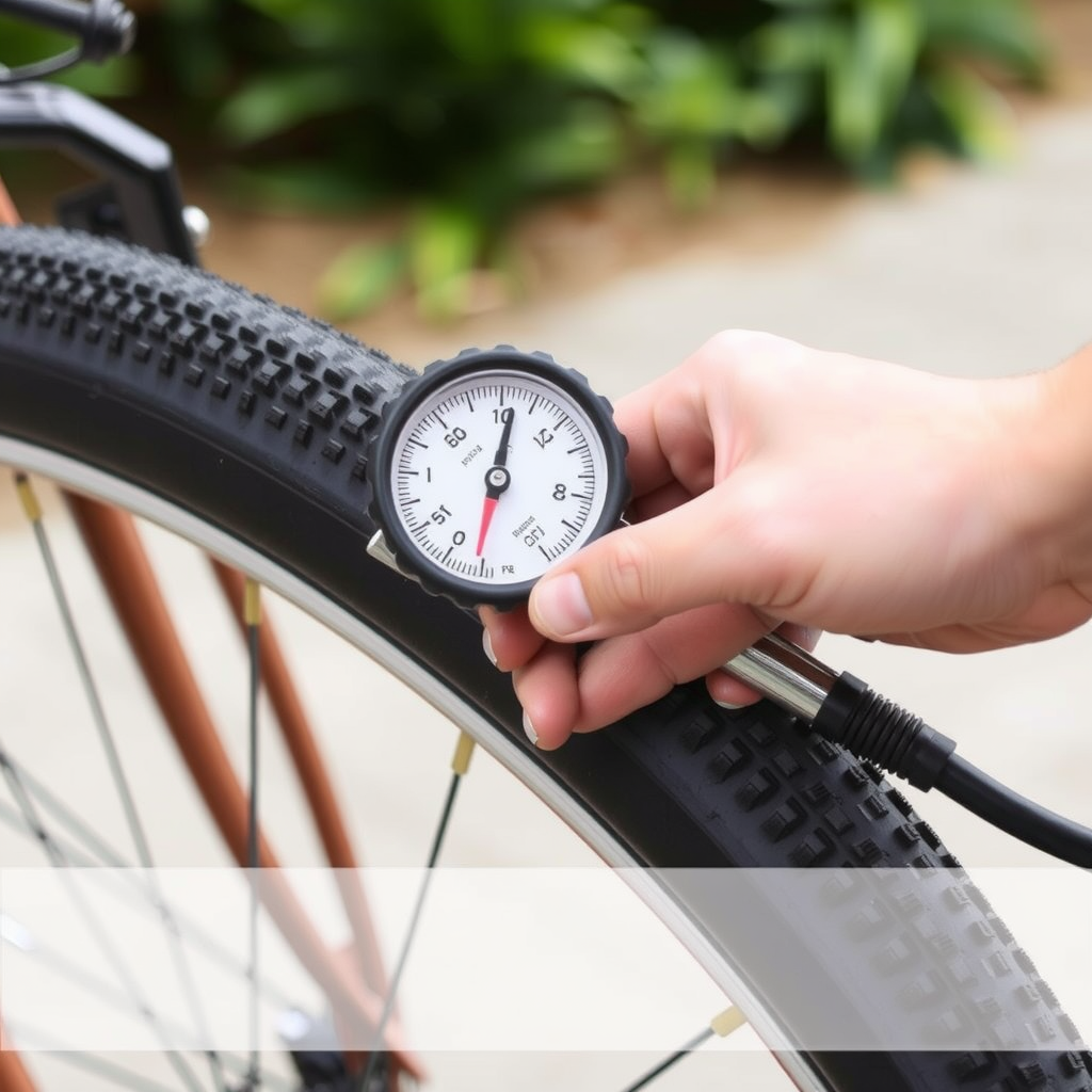 Bicycle tire pressure check with gauge showing proper inflation maintenance