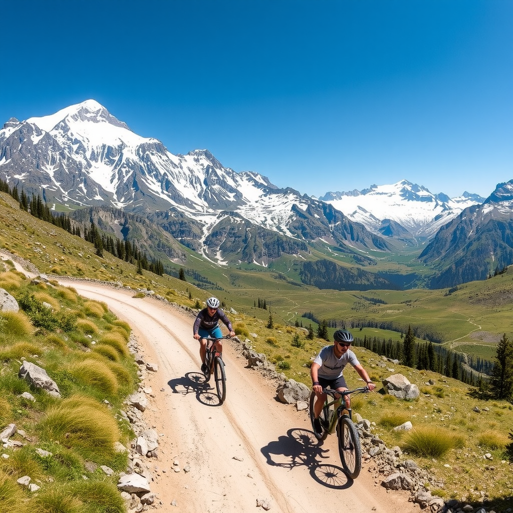 Mountain biking trail through Ala-Archa National Park with snow-capped peaks and alpine meadows