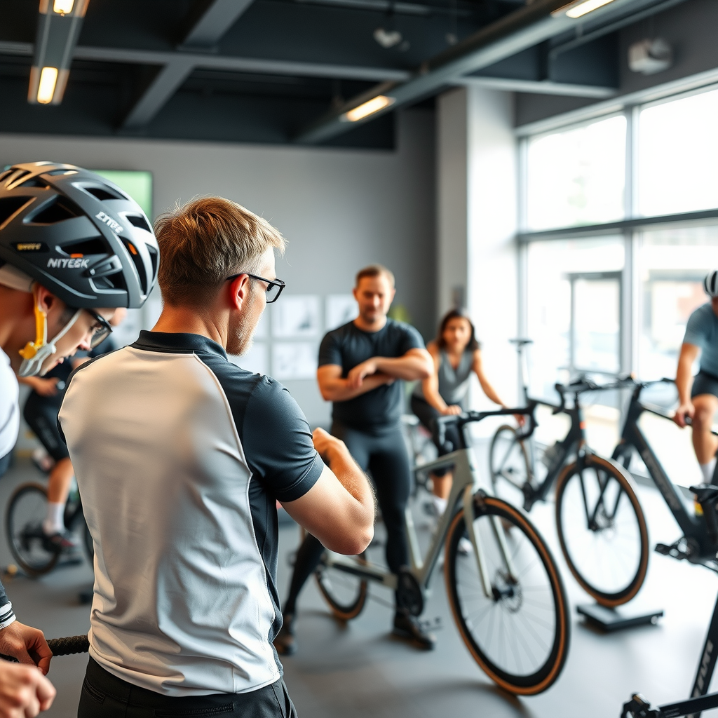 Professional cycling coach instructing a group of cyclists during training session with performance monitoring equipment and specialized training bikes in modern facility