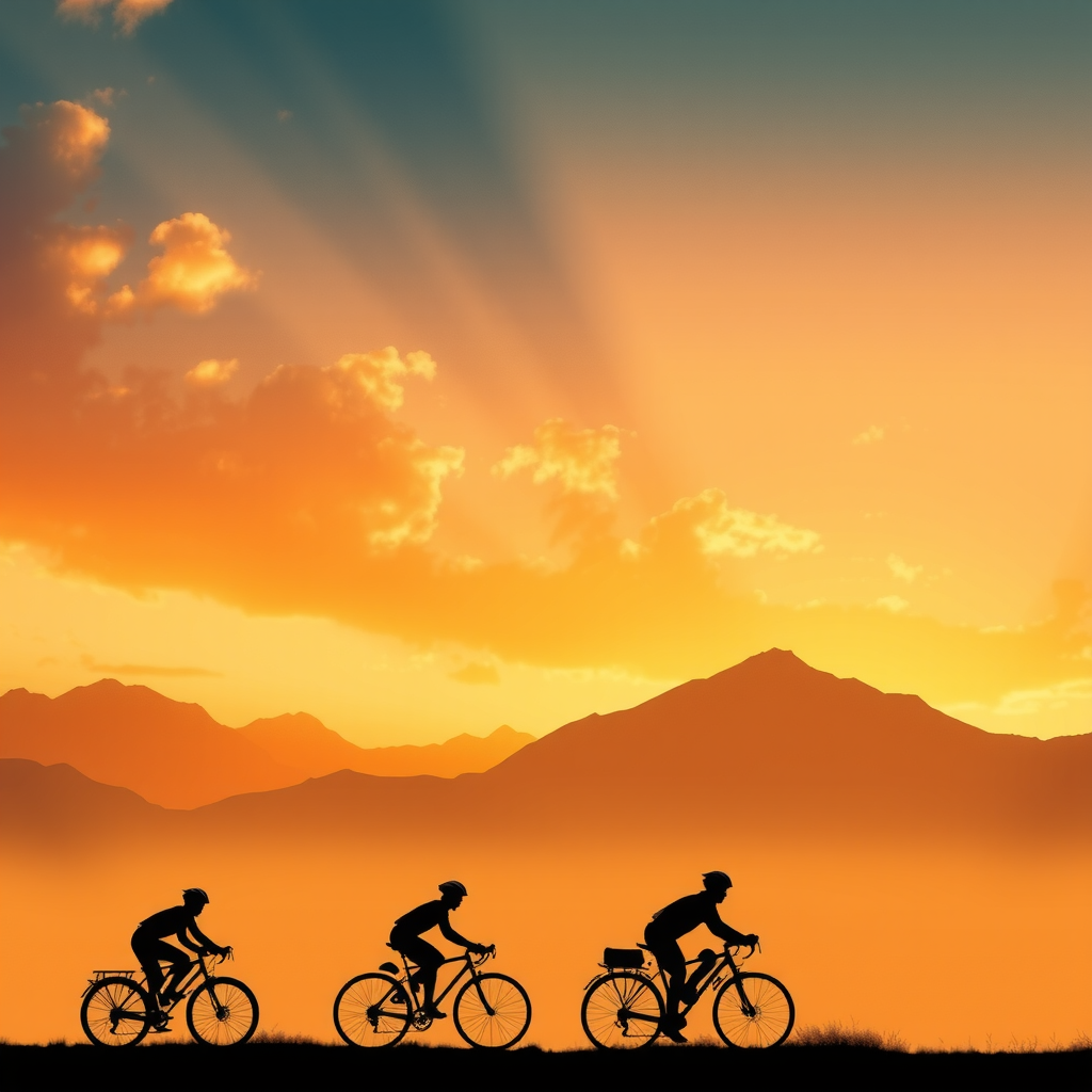 Silhouettes of cyclists riding against a golden sunset sky with dramatic mountain landscape in Kyrgyzstan