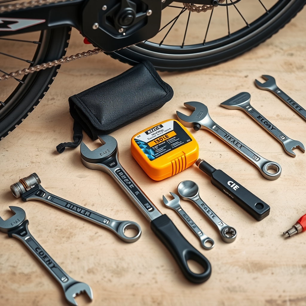 Professional bike maintenance tools laid out including wrenches, chain lubricant, and tire repair kit