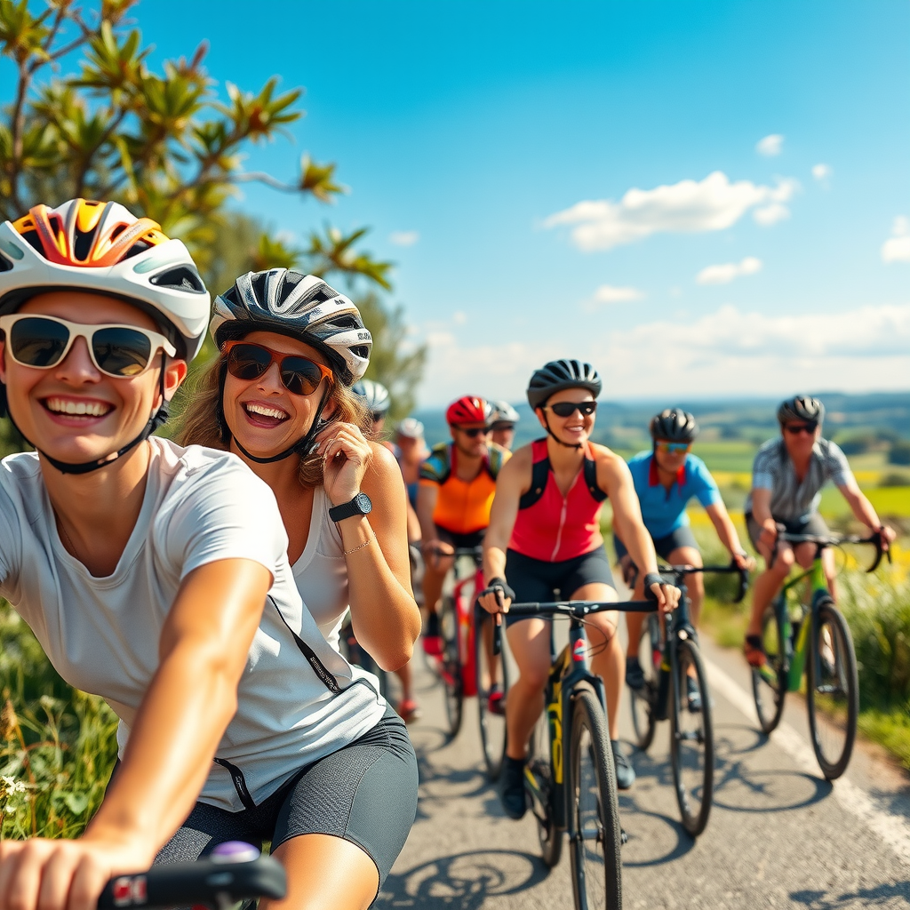 Group of happy cyclists enjoying a sunny day ride through beautiful countryside with smiles and positive energy