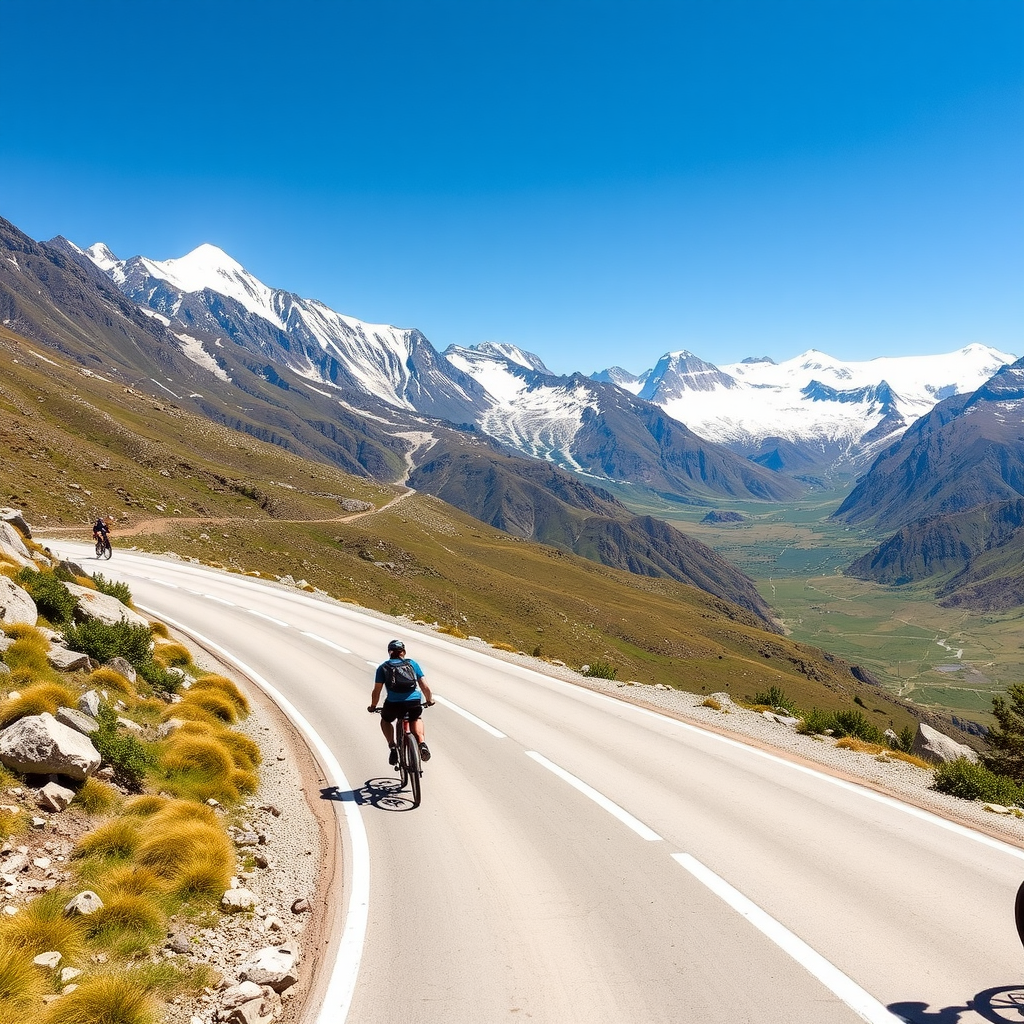 Scenic mountain cycling trail winding through Ala-Archa National Park with snow-capped peaks in background and cyclists enjoying the pristine natural landscape
