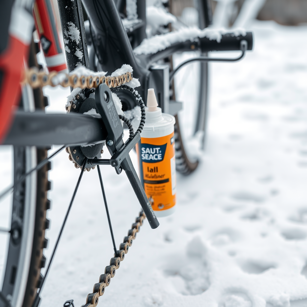Close-up of bicycle maintenance in winter setting with tools, chain lubricant, and snow-covered bike showing proper winter care techniques for Central Asian climate